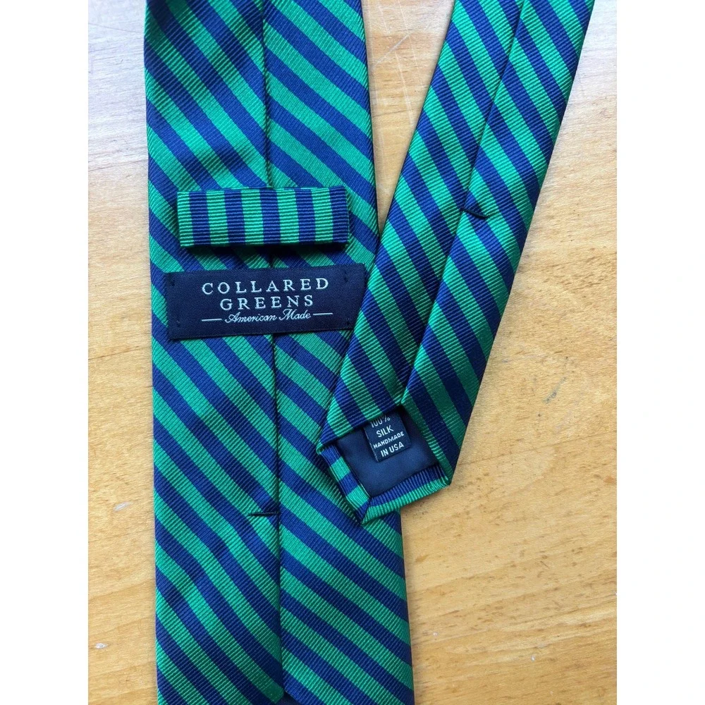 Collared Greens Mens Silk Necktie Green Navy Blue Diagonal Repp Stripe USA Made